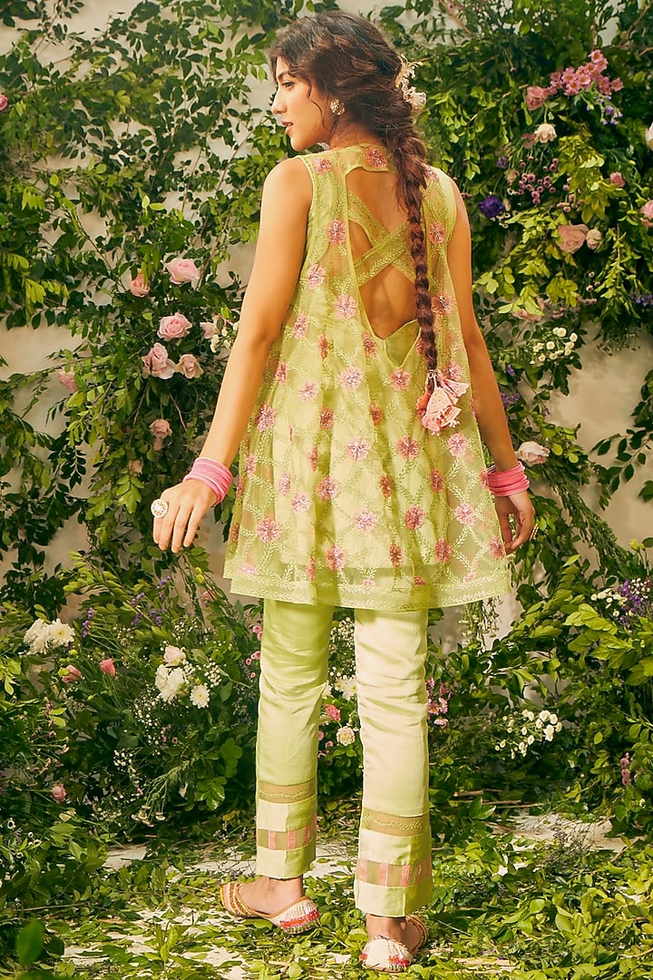 Green Tulle & Organza Glass Beads Embellished Jacket Set by TUHINA SRIVASTAVA at Pernia's Pop Up Shop