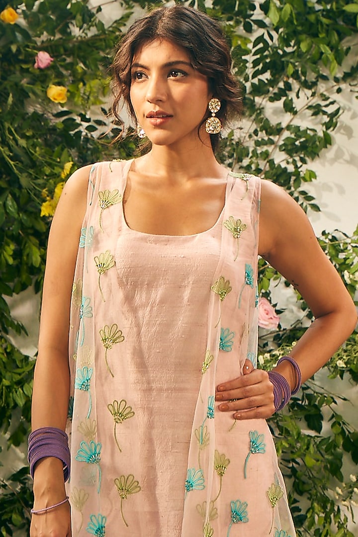 Pink Tulle & Organza Beads Embellished Jacket Set by TUHINA SRIVASTAVA at Pernia's Pop Up Shop
