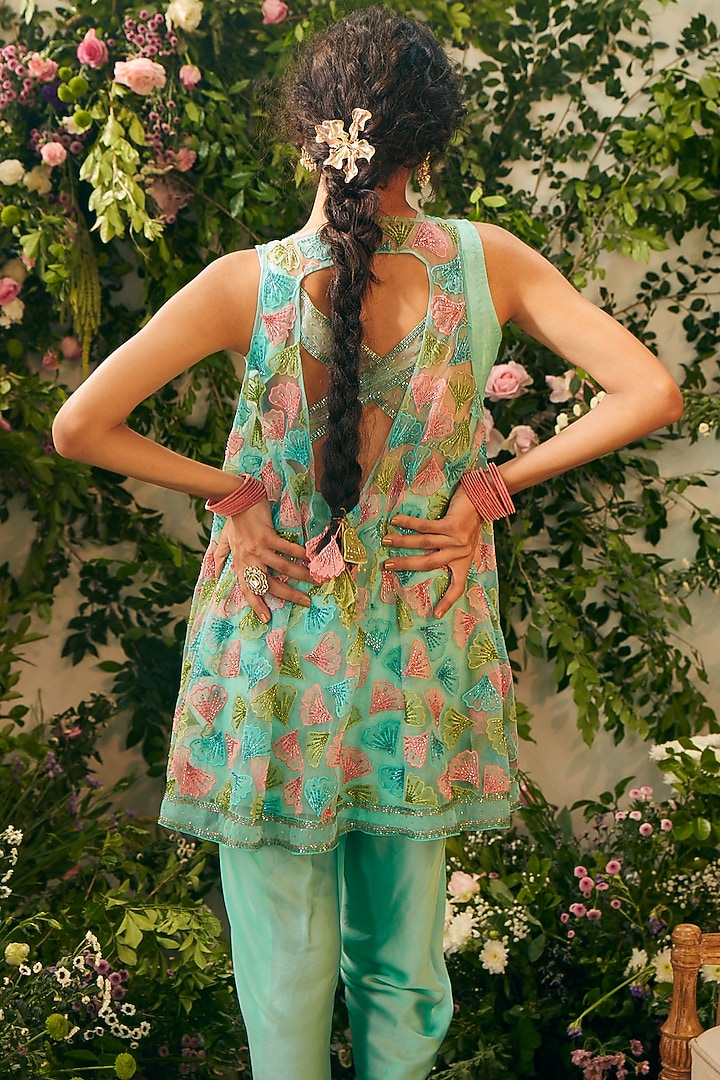 Sea Blue Tulle & Organza Beads Embellished Jacket Set by TUHINA SRIVASTAVA at Pernia's Pop Up Shop