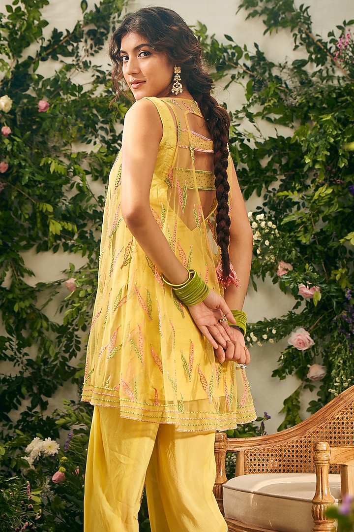Yellow Tulle & Organza Beads Embellished Jacket Set by TUHINA SRIVASTAVA at Pernia's Pop Up Shop