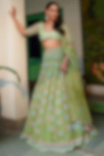 Green Tulle & Silk Organza Resham Embroidered Bridal Lehenga Set by TUHINA SRIVASTAVA at Pernia's Pop Up Shop