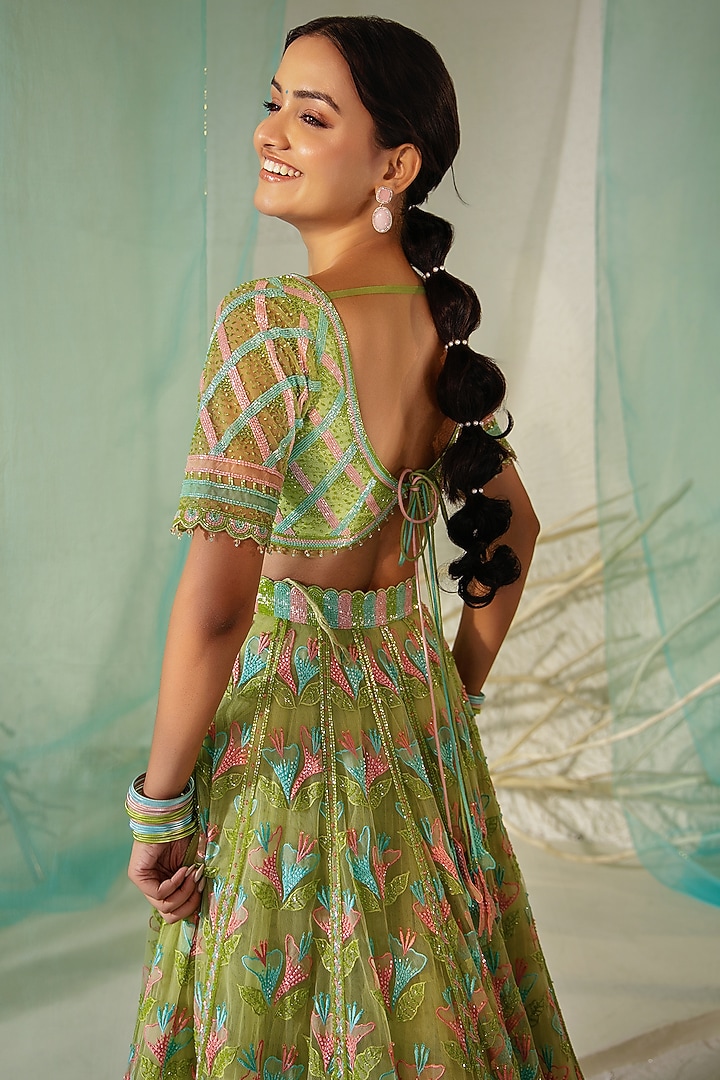 Green Tulle & Silk Organza Resham Embroidered Bridal Lehenga Set by TUHINA SRIVASTAVA at Pernia's Pop Up Shop