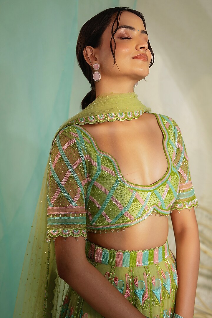Green Tulle & Silk Organza Resham Embroidered Bridal Lehenga Set by TUHINA SRIVASTAVA at Pernia's Pop Up Shop