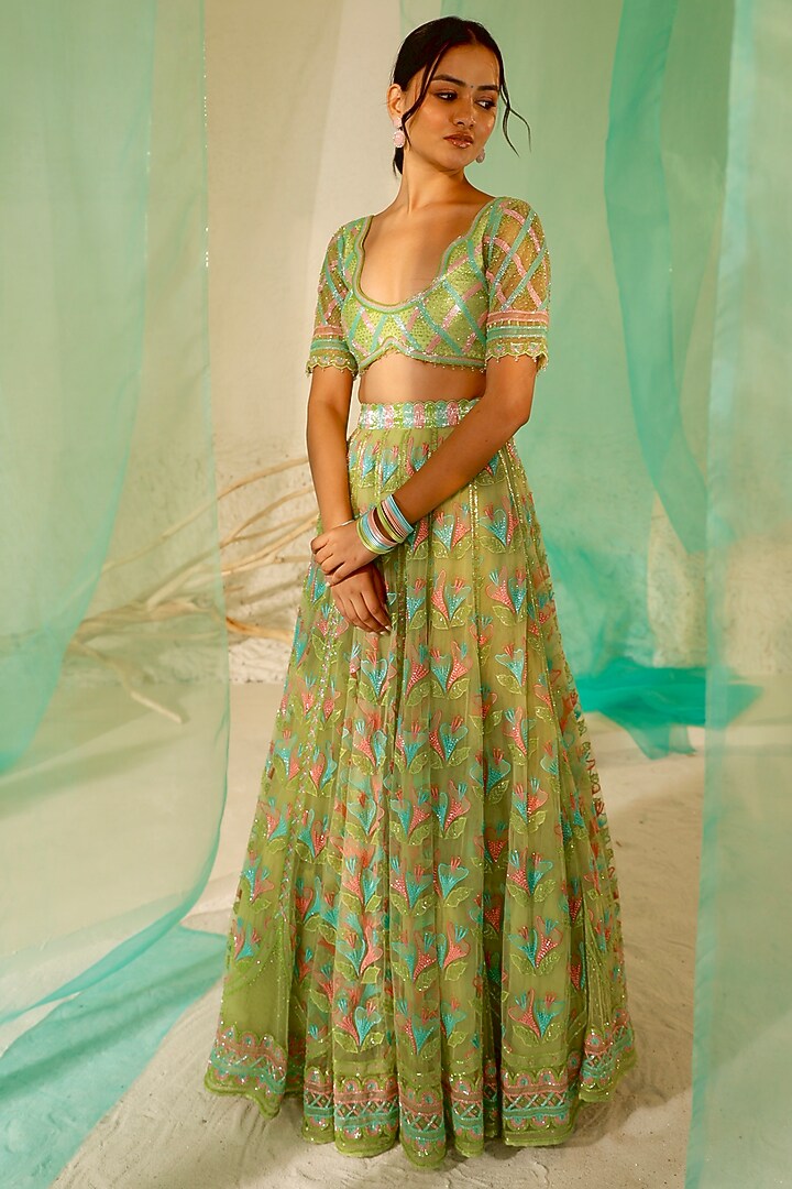 Green Tulle & Silk Organza Resham Embroidered Bridal Lehenga Set by TUHINA SRIVASTAVA at Pernia's Pop Up Shop