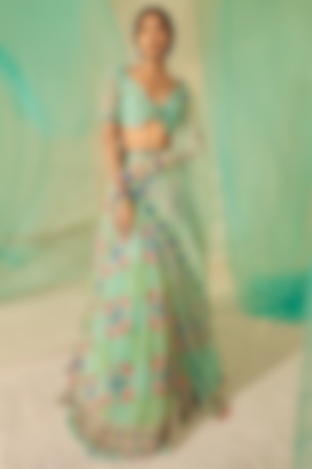 Sea Blue Tulle & Silk Organza Bead Embellished Bridal Lehenga Set by TUHINA SRIVASTAVA at Pernia's Pop Up Shop