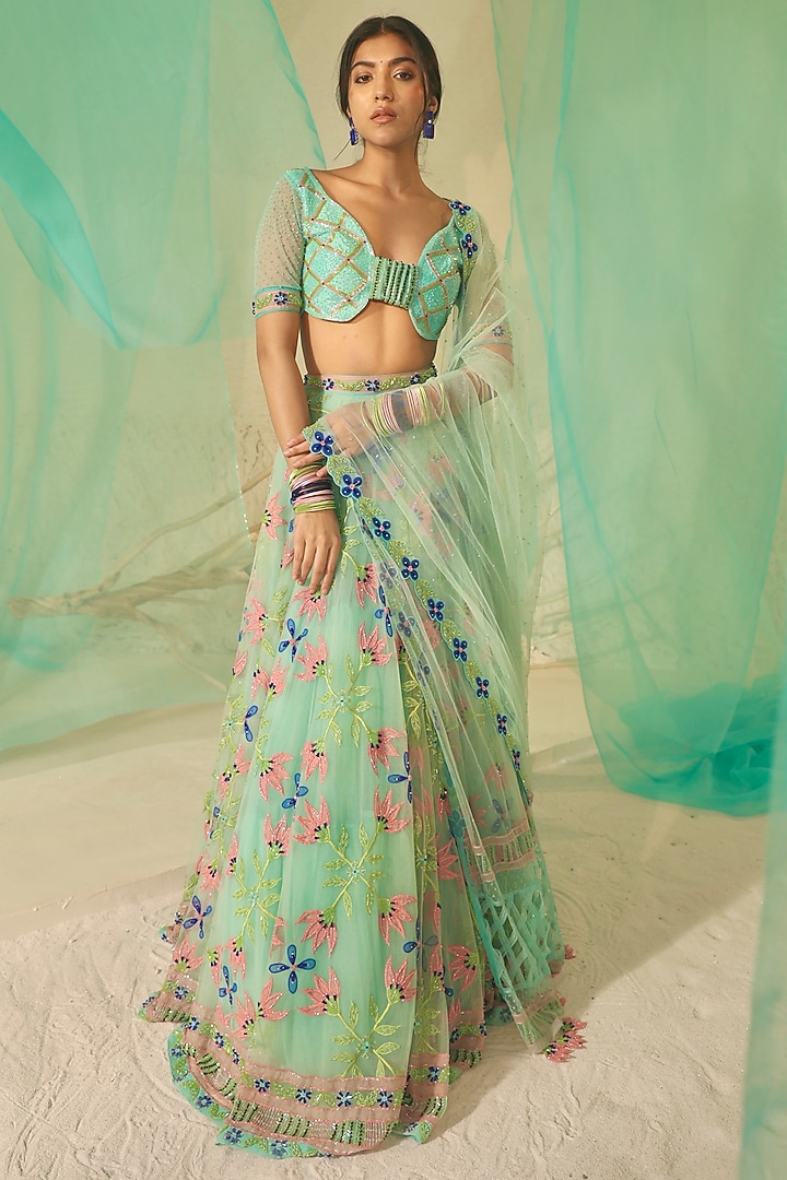 Sea Blue Tulle & Silk Organza Bead Embellished Bridal Lehenga Set by TUHINA SRIVASTAVA at Pernia's Pop Up Shop