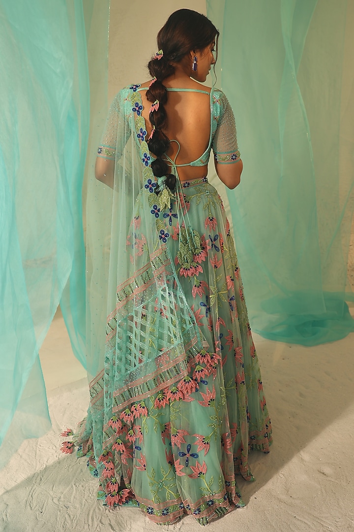 Sea Blue Tulle & Silk Organza Bead Embellished Bridal Lehenga Set by TUHINA SRIVASTAVA at Pernia's Pop Up Shop