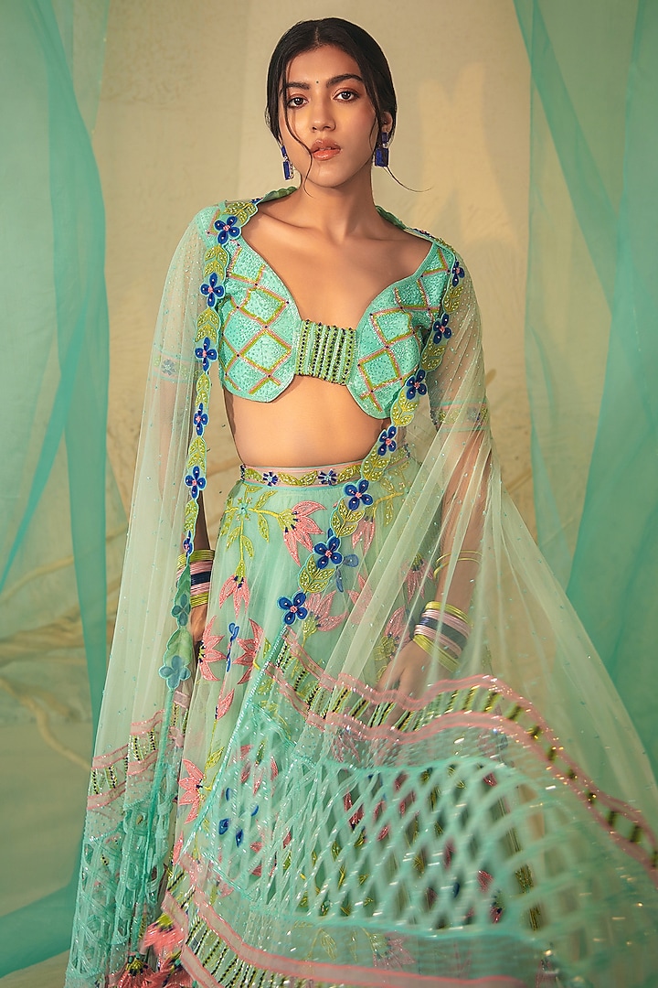 Sea Blue Tulle & Silk Organza Bead Embellished Bridal Lehenga Set by TUHINA SRIVASTAVA at Pernia's Pop Up Shop