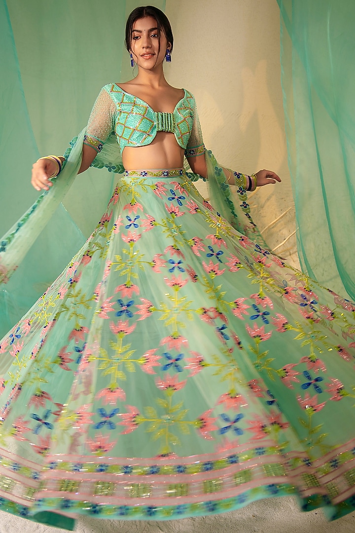 Sea Blue Tulle & Silk Organza Bead Embellished Bridal Lehenga Set by TUHINA SRIVASTAVA at Pernia's Pop Up Shop