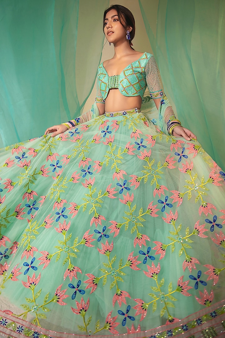 Sea Blue Tulle & Silk Organza Bead Embellished Bridal Lehenga Set by TUHINA SRIVASTAVA at Pernia's Pop Up Shop