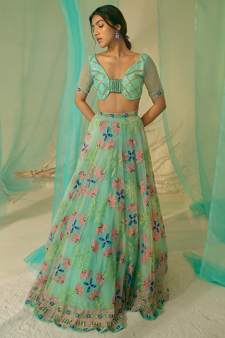 Sea Blue Tulle & Silk Organza Bead Embellished Bridal Lehenga Set by TUHINA SRIVASTAVA at Pernia's Pop Up Shop