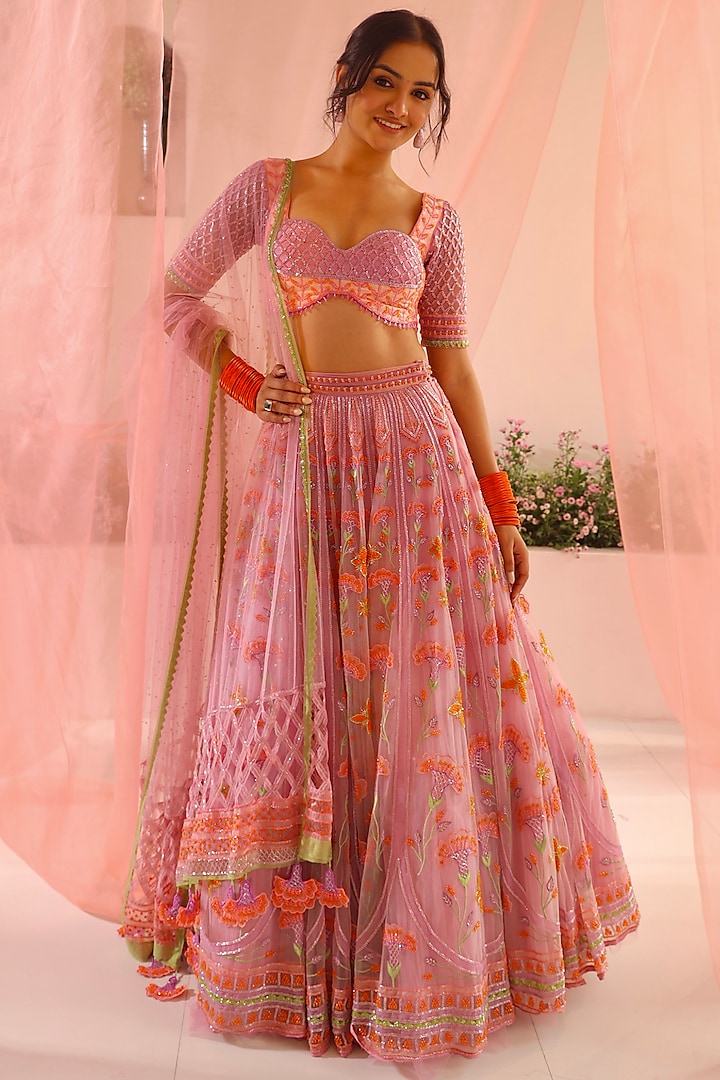 Purple Tulle & Silk Organza Floral Embroidered Bridal Lehenga Set by TUHINA SRIVASTAVA at Pernia's Pop Up Shop