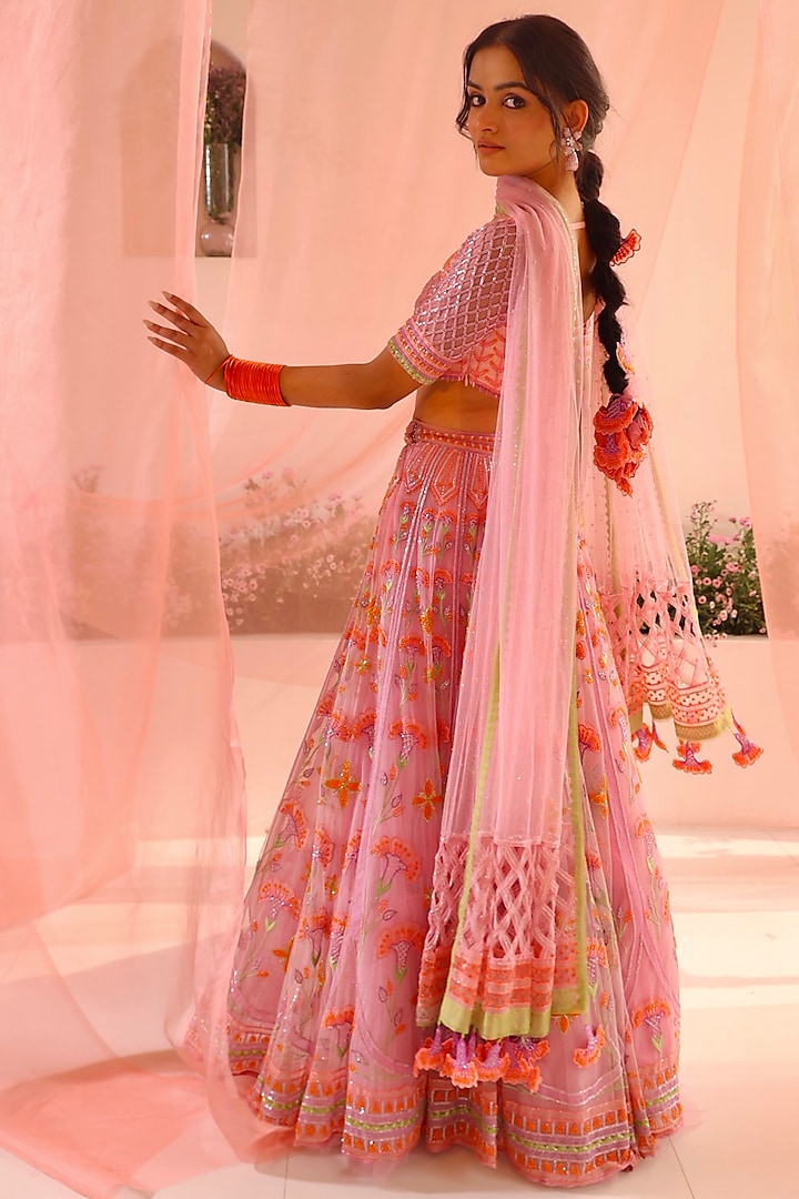 Purple Tulle & Silk Organza Floral Embroidered Bridal Lehenga Set by TUHINA SRIVASTAVA at Pernia's Pop Up Shop