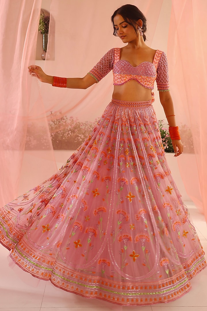 Purple Tulle & Silk Organza Floral Embroidered Bridal Lehenga Set by TUHINA SRIVASTAVA at Pernia's Pop Up Shop