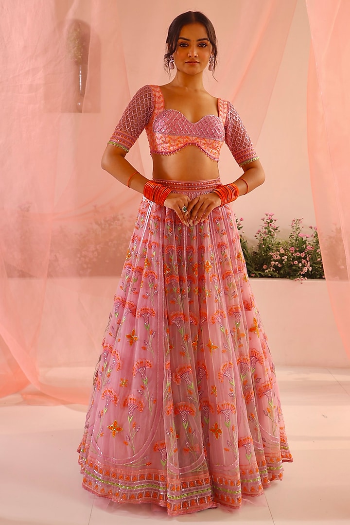 Purple Tulle & Silk Organza Floral Embroidered Bridal Lehenga Set by TUHINA SRIVASTAVA at Pernia's Pop Up Shop