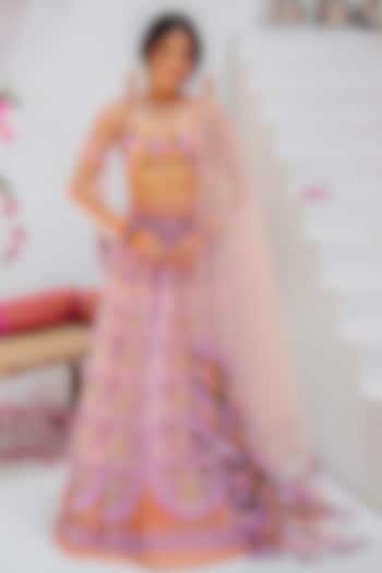 Peach Tulle & Silk Velvet Resham Embroidered Bridal lehenga for 22 Lehenga Set by TUHINA SRIVASTAVA at Pernia's Pop Up Shop
