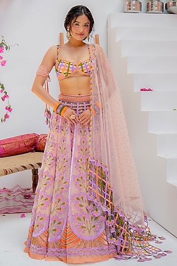 Peach Tulle & Silk Velvet Resham Embroidered Bridal Lehenga Set by TUHINA SRIVASTAVA at Pernia's Pop Up Shop