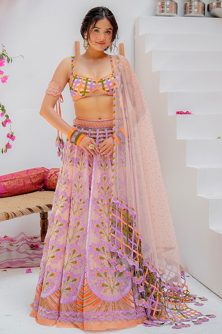 Peach Tulle & Silk Velvet Resham Embroidered Bridal lehenga for 22 Lehenga Set by TUHINA SRIVASTAVA at Pernia's Pop Up Shop