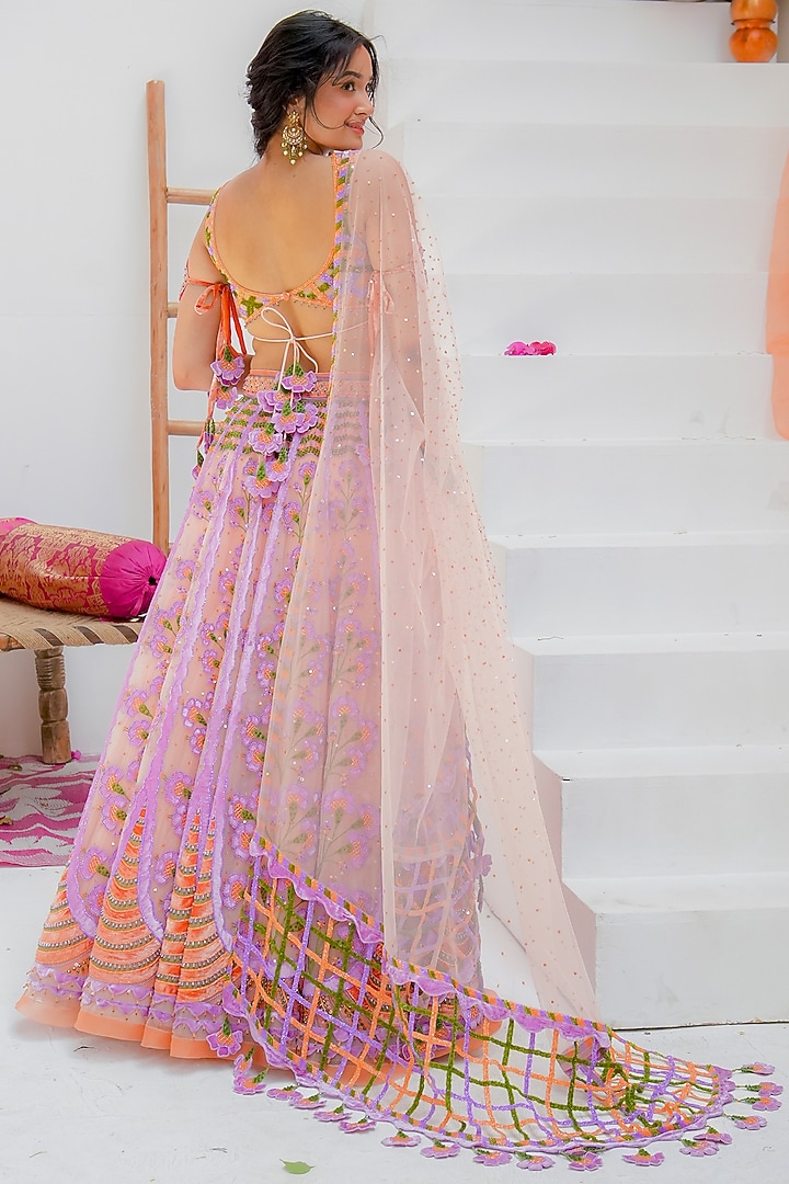 Peach Tulle & Silk Velvet Resham Embroidered Bridal Lehenga Set by TUHINA SRIVASTAVA at Pernia's Pop Up Shop
