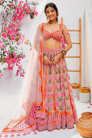 Pink & Beige Tulle Zari Embroidered Lehenga Set by TUHINA SRIVASTAVA