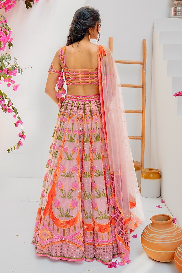 Pink & Beige Tulle Zari Embroidered Bridal Lehenga Set by TUHINA SRIVASTAVA at Pernia's Pop Up Shop