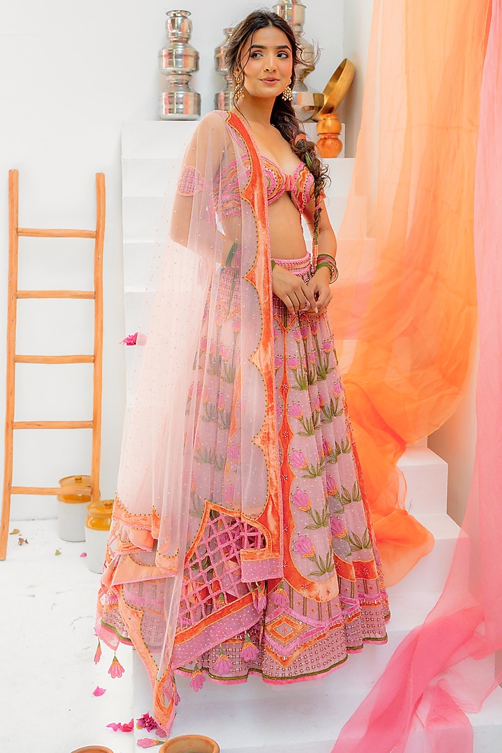 Pink & Beige Tulle Zari Embroidered Bridal Lehenga Set by TUHINA SRIVASTAVA at Pernia's Pop Up Shop