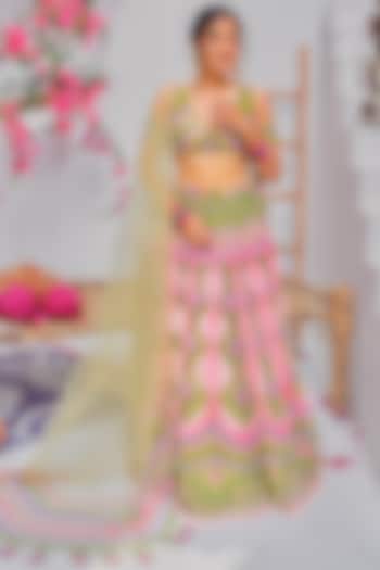 Dark Green Tulle & Silk Velvet Zari Embroidered Bridal lehenga for 22 Lehenga Set by TUHINA SRIVASTAVA at Pernia's Pop Up Shop
