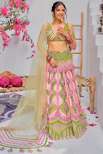 Dark Green Tulle & Silk Velvet Zari Embroidered Bridal Lehenga Set by TUHINA SRIVASTAVA at Pernia's Pop Up Shop