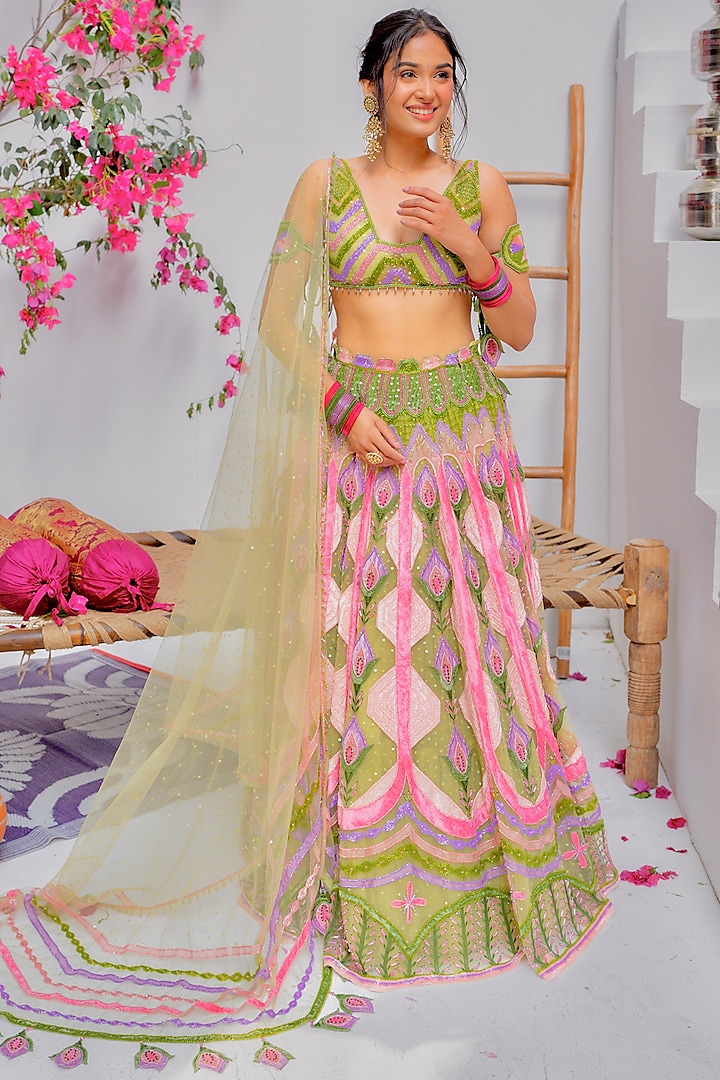 Dark Green Tulle & Silk Velvet Zari Embroidered Bridal lehenga for 22 Lehenga Set by TUHINA SRIVASTAVA at Pernia's Pop Up Shop