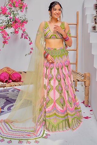Dark Green Tulle & Silk Velvet Zari Embroidered Lehenga Set by TUHINA SRIVASTAVA