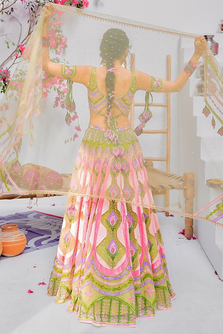 Dark Green Tulle & Silk Velvet Zari Embroidered Bridal Lehenga Set by TUHINA SRIVASTAVA at Pernia's Pop Up Shop
