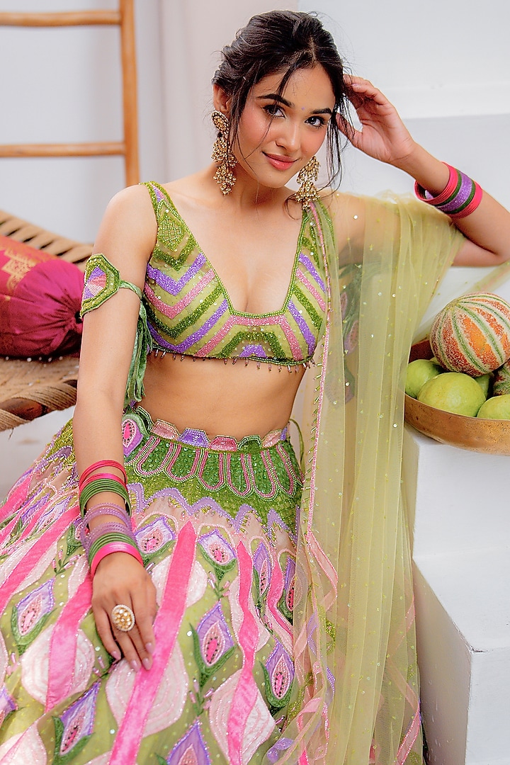 Dark Green Tulle & Silk Velvet Zari Embroidered Bridal Lehenga Set by TUHINA SRIVASTAVA at Pernia's Pop Up Shop