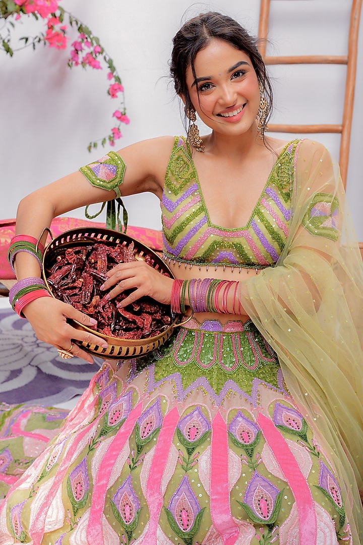 Dark Green Tulle & Silk Velvet Zari Embroidered Bridal Lehenga Set by TUHINA SRIVASTAVA at Pernia's Pop Up Shop