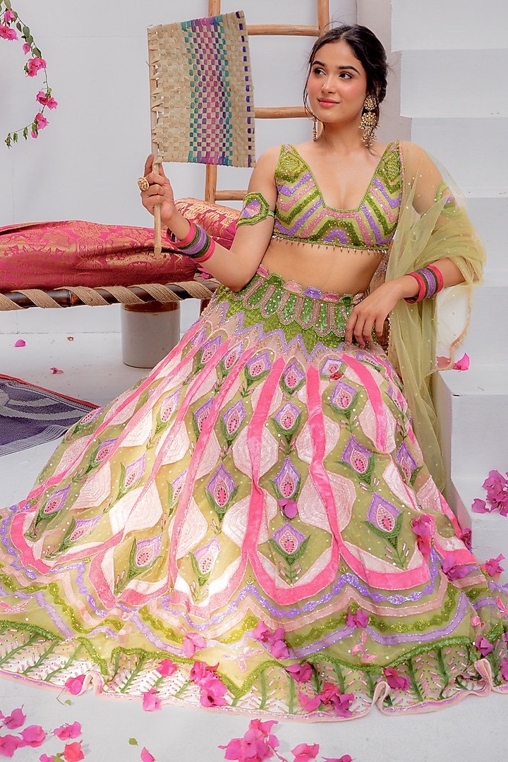 Dark Green Tulle & Silk Velvet Zari Embroidered Bridal Lehenga Set by TUHINA SRIVASTAVA at Pernia's Pop Up Shop