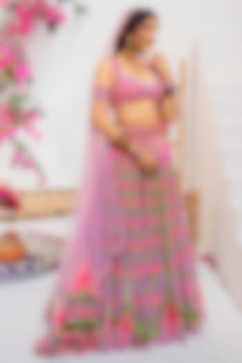 Lilac Silk Velvet Bead Embroidered Bridal lehenga for 22 Lehenga Set by TUHINA SRIVASTAVA at Pernia's Pop Up Shop