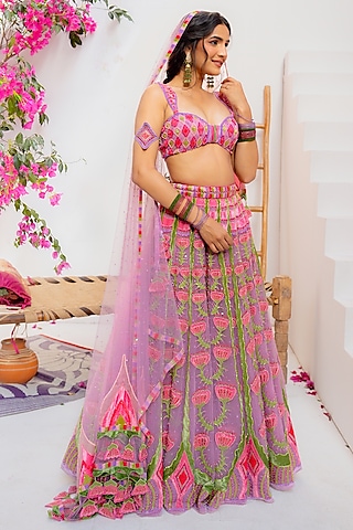 Lilac Silk Velvet Bead Embroidered Lehenga Set by TUHINA SRIVASTAVA