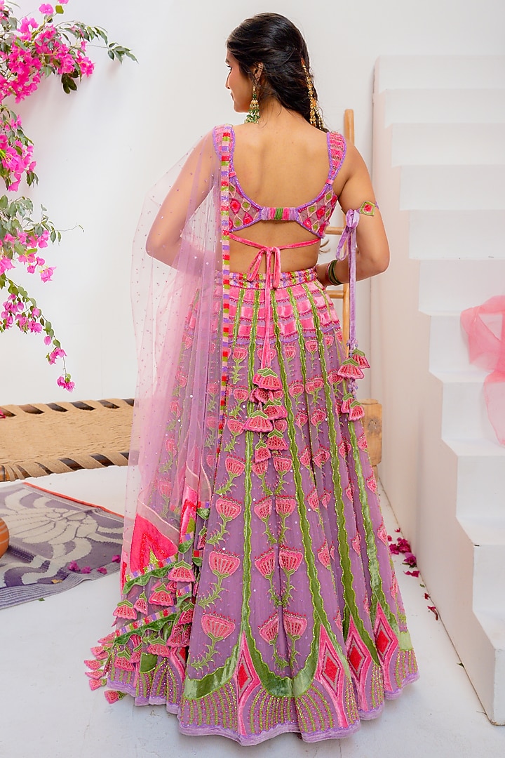 Lilac Silk Velvet Bead Embroidered Bridal Lehenga Set by TUHINA SRIVASTAVA at Pernia's Pop Up Shop