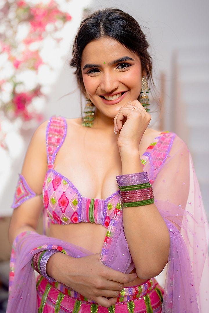 Lilac Silk Velvet Bead Embroidered Bridal Lehenga Set by TUHINA SRIVASTAVA at Pernia's Pop Up Shop