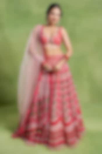 Wine Tulle & Silk Velvet Zari Embroidered Bridal lehenga for 22 Lehenga Set by TUHINA SRIVASTAVA at Pernia's Pop Up Shop