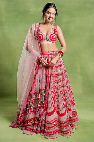 Wine Tulle & Silk Velvet Zari Embroidered Lehenga Set by TUHINA SRIVASTAVA