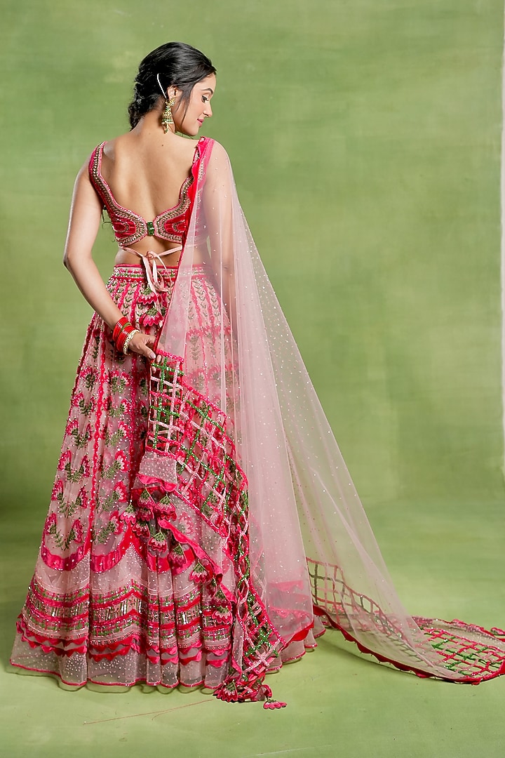 Wine Tulle & Silk Velvet Zari Embroidered Bridal Lehenga Set by TUHINA SRIVASTAVA at Pernia's Pop Up Shop