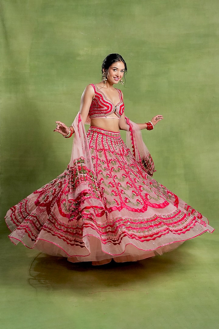 Wine Tulle & Silk Velvet Zari Embroidered Bridal Lehenga Set by TUHINA SRIVASTAVA at Pernia's Pop Up Shop