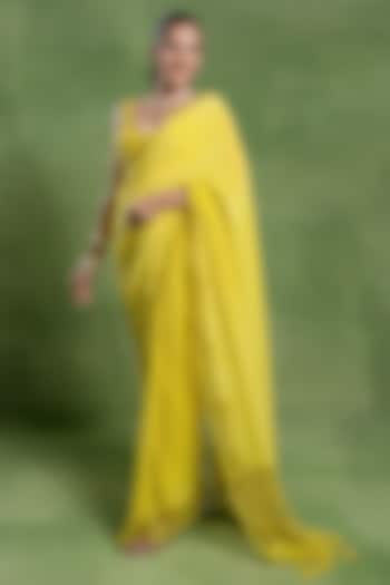 Lemon Yellow Silk Crepe Pearl & Cutdana Embellished Wedding Saree Set by TUHINA SRIVASTAVA at Pernia's Pop Up Shop