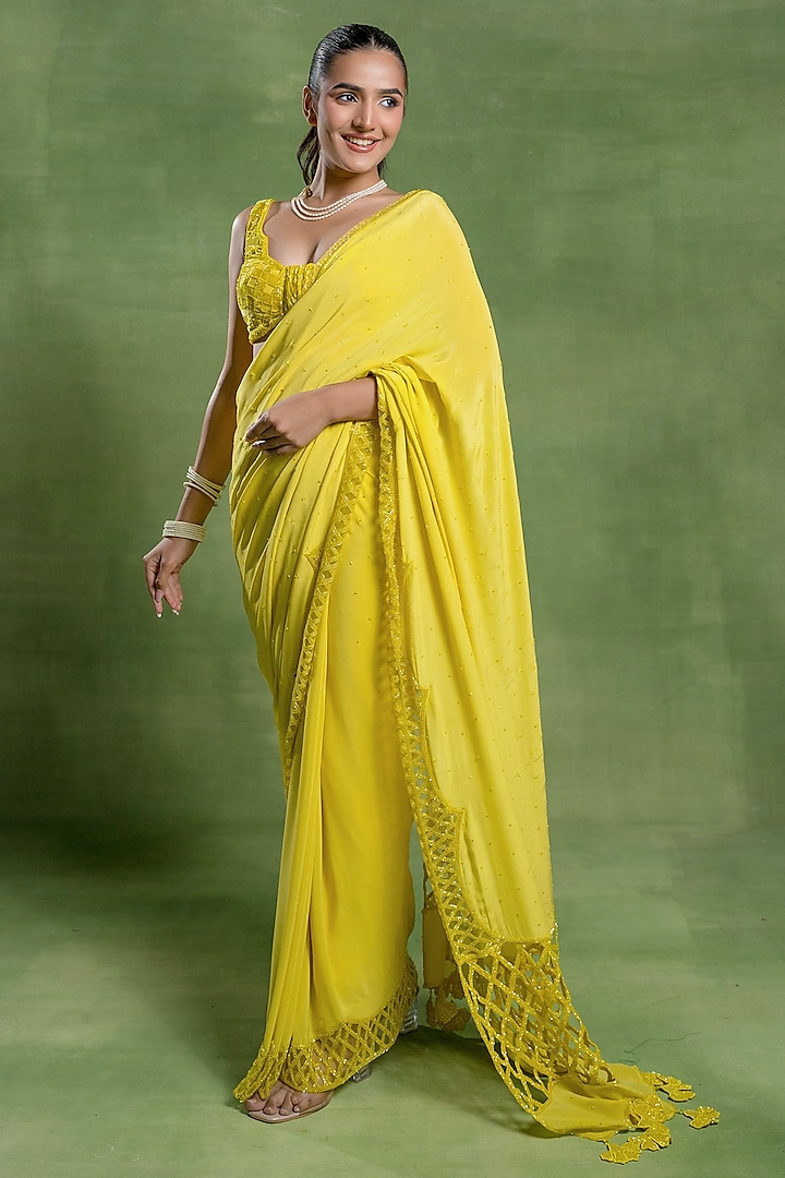 Lemon Yellow Silk Crepe Pearl & Cutdana Embellished Wedding Saree Set by TUHINA SRIVASTAVA at Pernia's Pop Up Shop