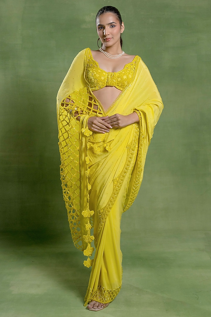Lemon Yellow Silk Crepe Pearl & Cutdana Embellished Wedding Saree Set by TUHINA SRIVASTAVA at Pernia's Pop Up Shop