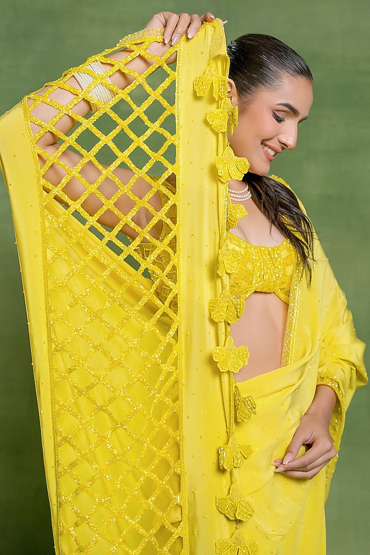 Lemon Yellow Silk Crepe Pearl & Cutdana Embellished Wedding Saree Set by TUHINA SRIVASTAVA at Pernia's Pop Up Shop
