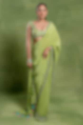 Green Silk Crepe Jaal Embroidered Wedding Saree Set by TUHINA SRIVASTAVA at Pernia's Pop Up Shop
