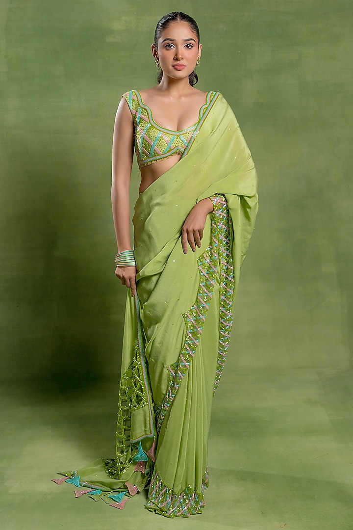 Green Silk Crepe Jaal Embroidered Wedding Saree Set by TUHINA SRIVASTAVA at Pernia's Pop Up Shop