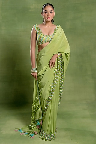 Green Silk Crepe Jaal Embroidered Saree Set by TUHINA SRIVASTAVA