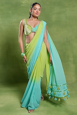 Green & Blue Georgette Pearl Work Saree Set by TUHINA SRIVASTAVA